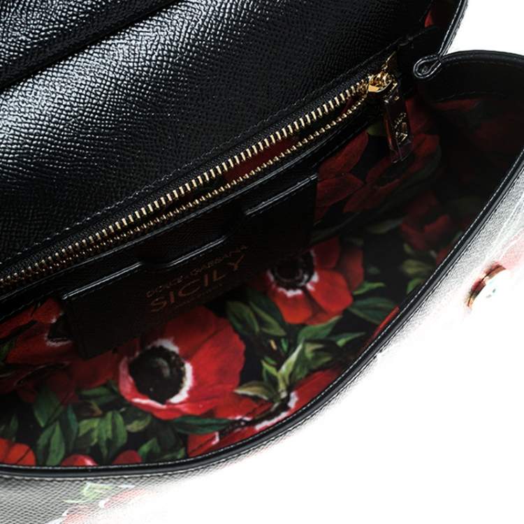 Pre Owned Dolce & Gabbana Black Floral Printed Leather Medium Miss Sicily Top Handle Bag