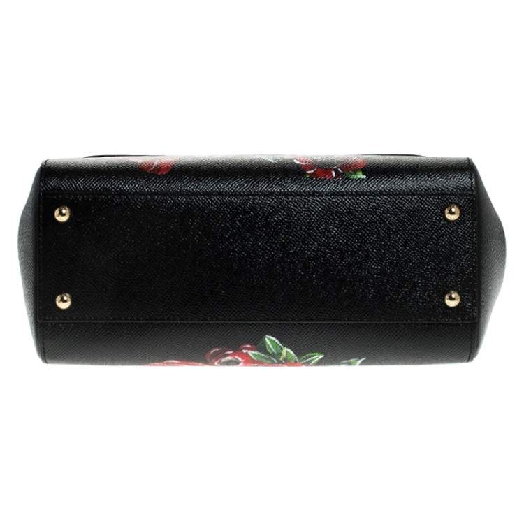 Pre Owned Dolce & Gabbana Black Floral Printed Leather Medium Miss Sicily Top Handle Bag