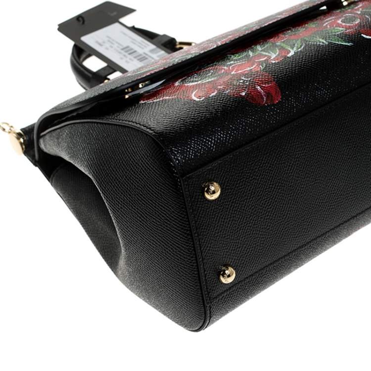 Pre Owned Dolce & Gabbana Black Floral Printed Leather Medium Miss Sicily Top Handle Bag