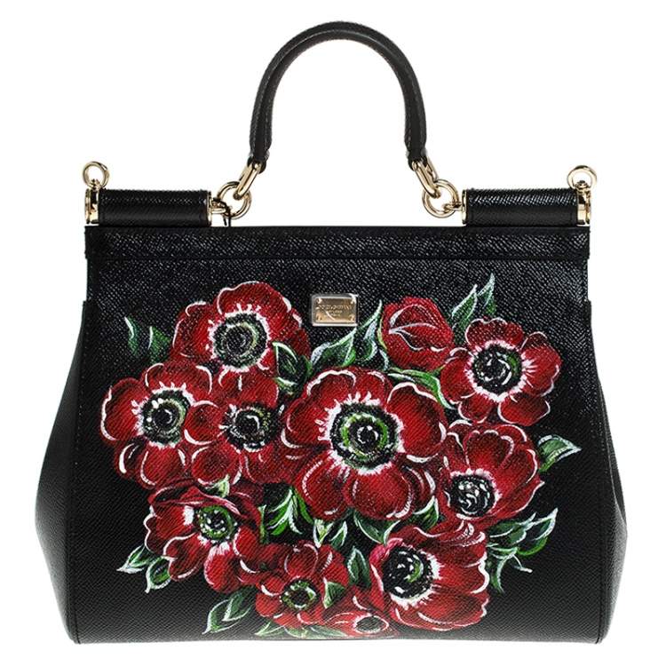 Pre Owned Dolce & Gabbana Black Floral Printed Leather Medium Miss Sicily Top Handle Bag