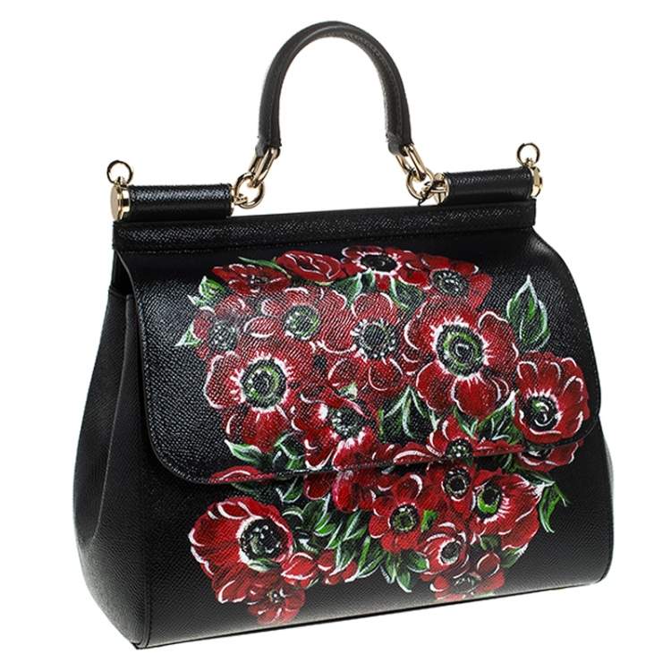 Pre Owned Dolce & Gabbana Black Floral Printed Leather Medium Miss Sicily Top Handle Bag