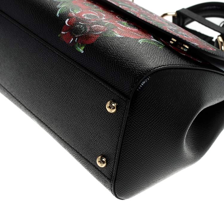 Pre Owned Dolce & Gabbana Black Floral Printed Leather Medium Miss Sicily Top Handle Bag