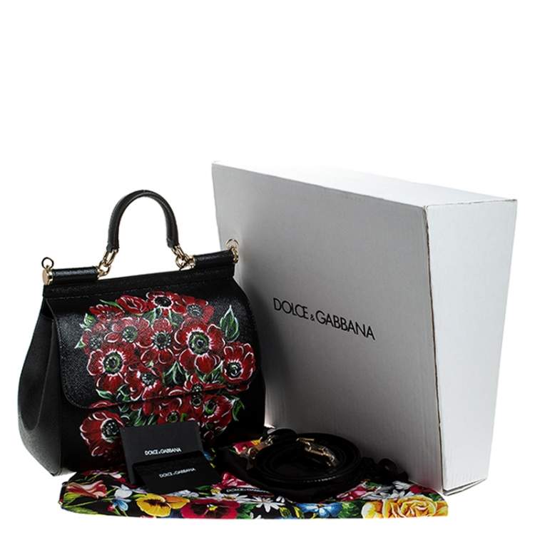 Pre Owned Dolce & Gabbana Black Floral Printed Leather Medium Miss Sicily Top Handle Bag