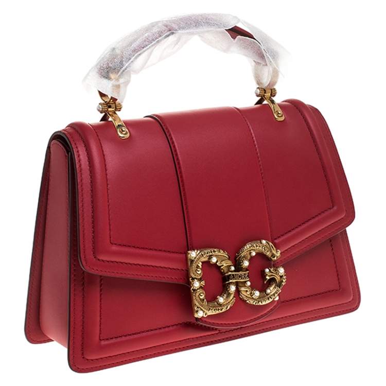 Pre Owned Dolce & Gabbana Red Leather DG Amore Top Handle Bag