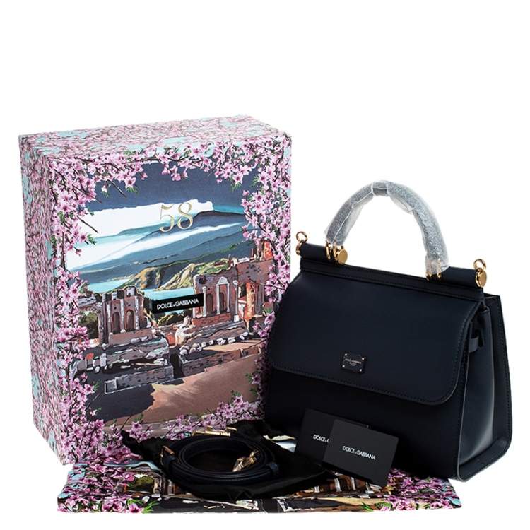 Pre Owned Dolce & Gabbana Navy Blue Leather Sicily 58 Top Handle Bag