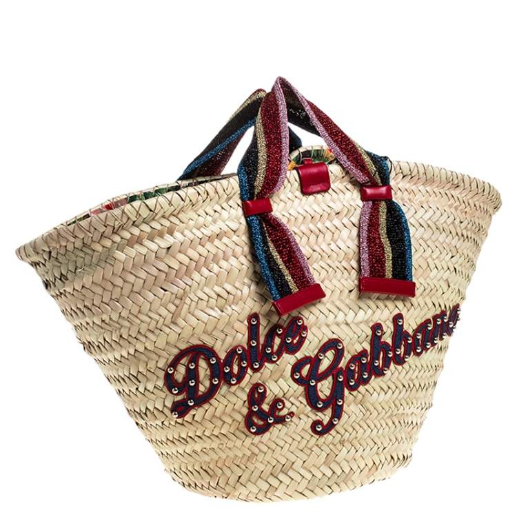 Pre Owned Dolce & Gabbana Beige Woven Raffia Kendra Bucket Bag