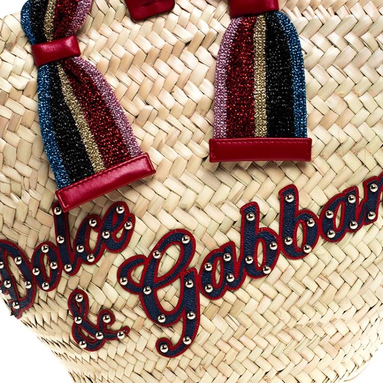 Pre Owned Dolce & Gabbana Beige Woven Raffia Kendra Bucket Bag