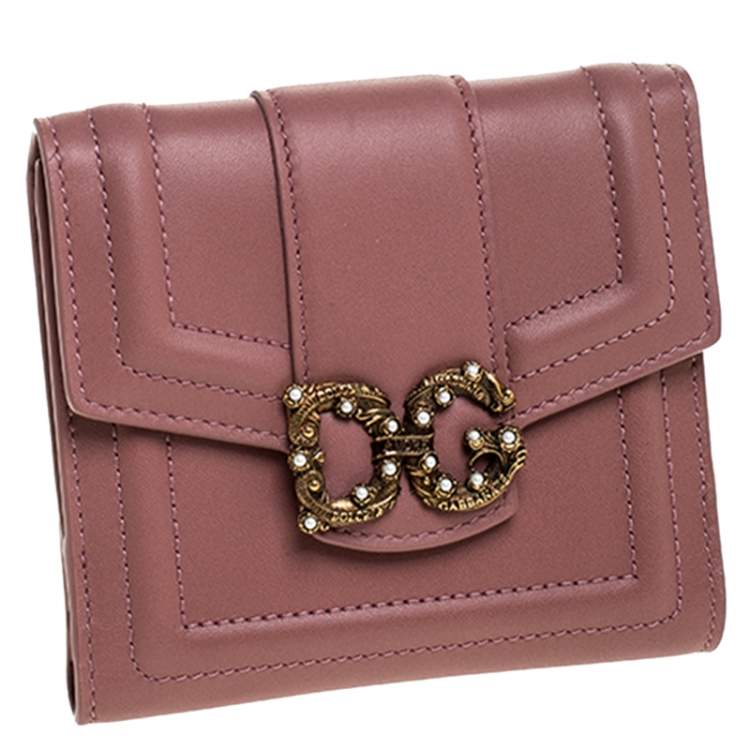 Pre Owned Dolce & Gabbana Old Rose Leather DG Amore Compact Wallet
