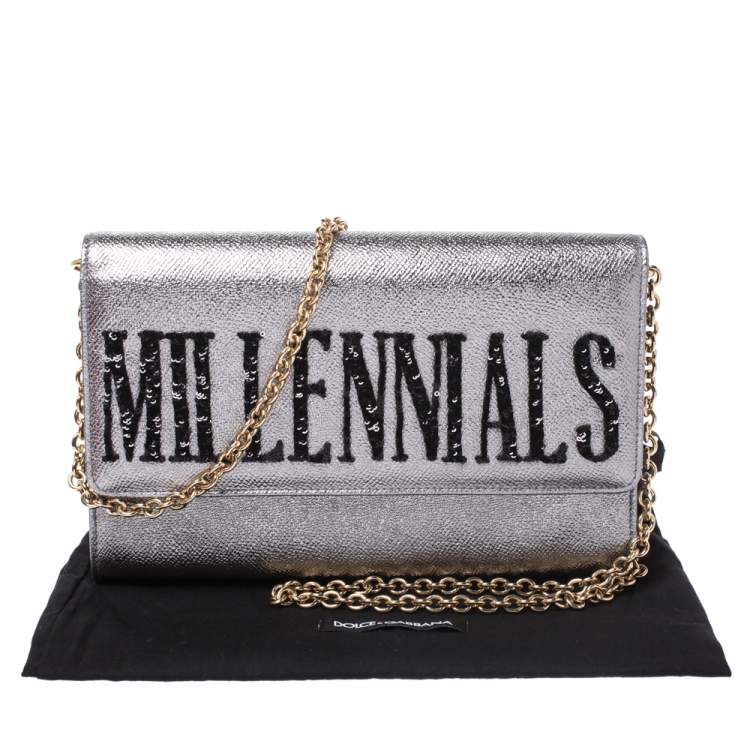 Pre Owned Dolce & Gabbana Metallic Silver Leather Millennials Chain Clutch