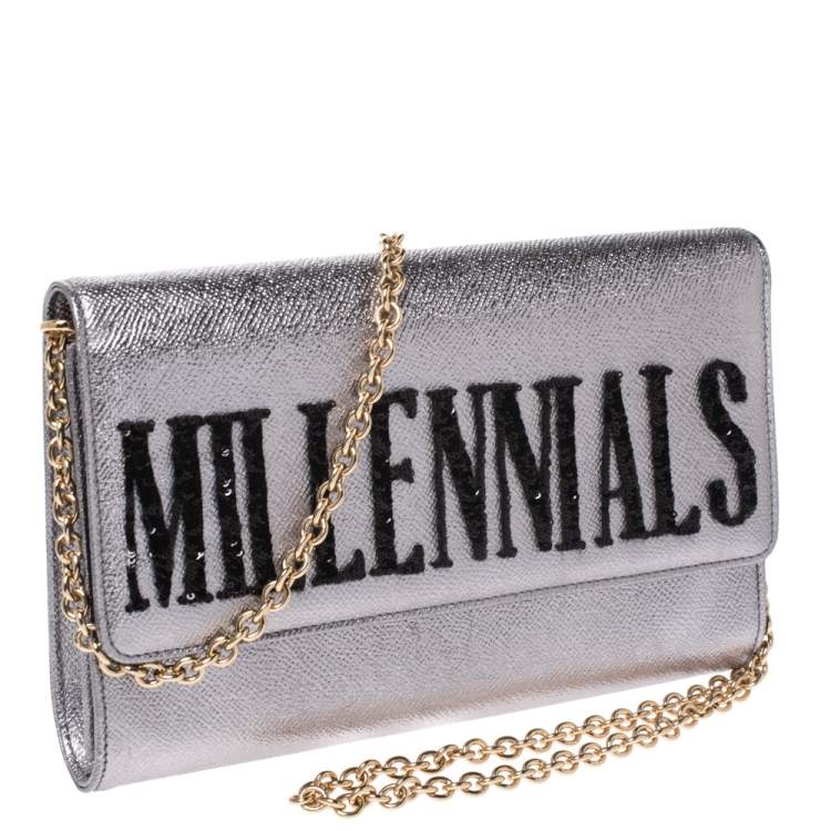 Pre Owned Dolce & Gabbana Metallic Silver Leather Millennials Chain Clutch