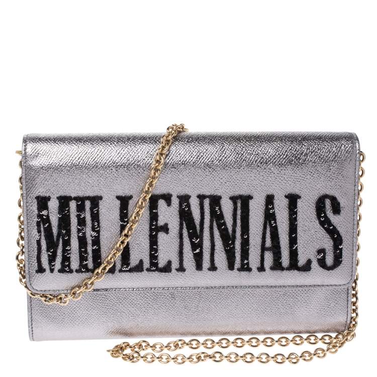 Pre Owned Dolce & Gabbana Metallic Silver Leather Millennials Chain Clutch