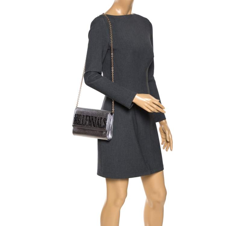 Pre Owned Dolce & Gabbana Metallic Silver Leather Millennials Chain Clutch