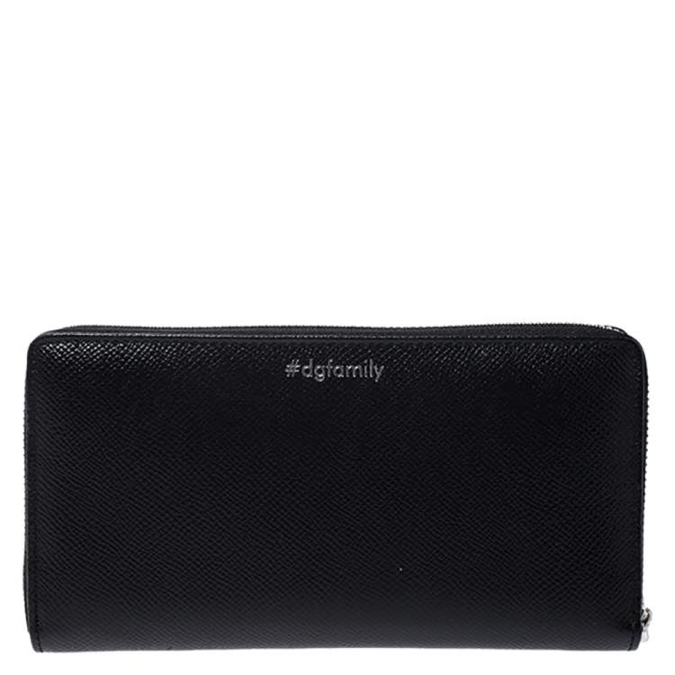 Pre Owned Dolce & Gabbana Black Leather DG Family Patch Zip Around Wallet