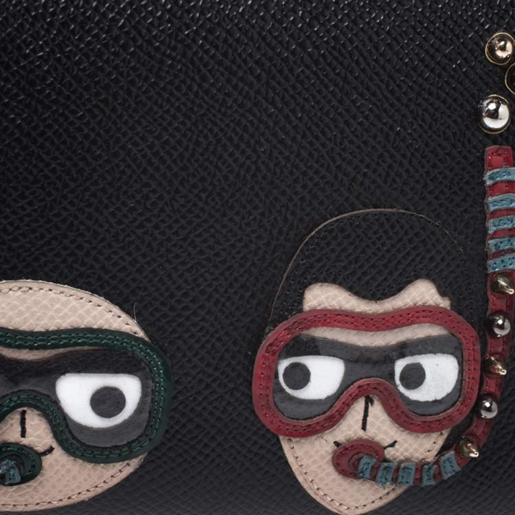 Pre Owned Dolce & Gabbana Black Leather DG Family Patch Zip Around Wallet