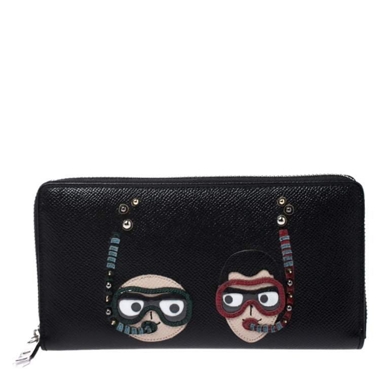 Pre Owned Dolce & Gabbana Black Leather DG Family Patch Zip Around Wallet