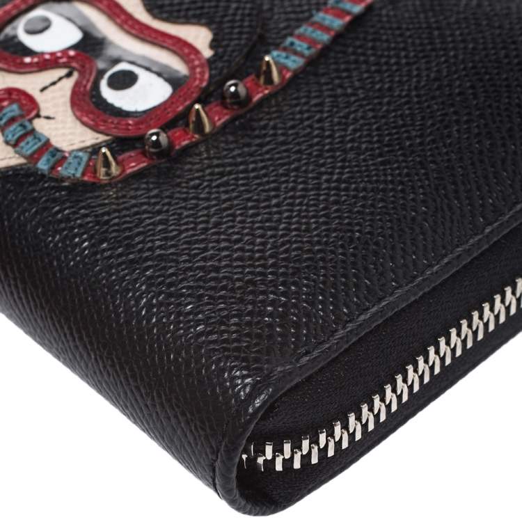 Pre Owned Dolce & Gabbana Black Leather DG Family Patch Zip Around Wallet