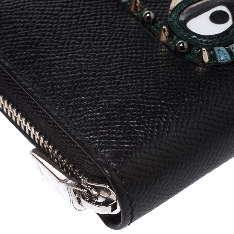 Pre Owned Dolce & Gabbana Black Leather DG Family Patch Zip Around Wallet