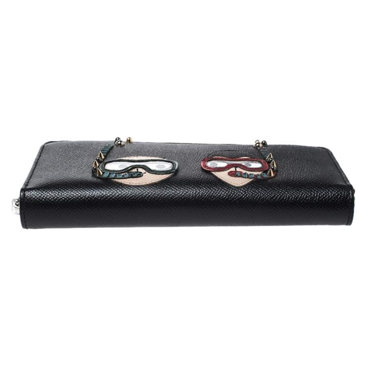 Pre Owned Dolce & Gabbana Black Leather DG Family Patch Zip Around Wallet