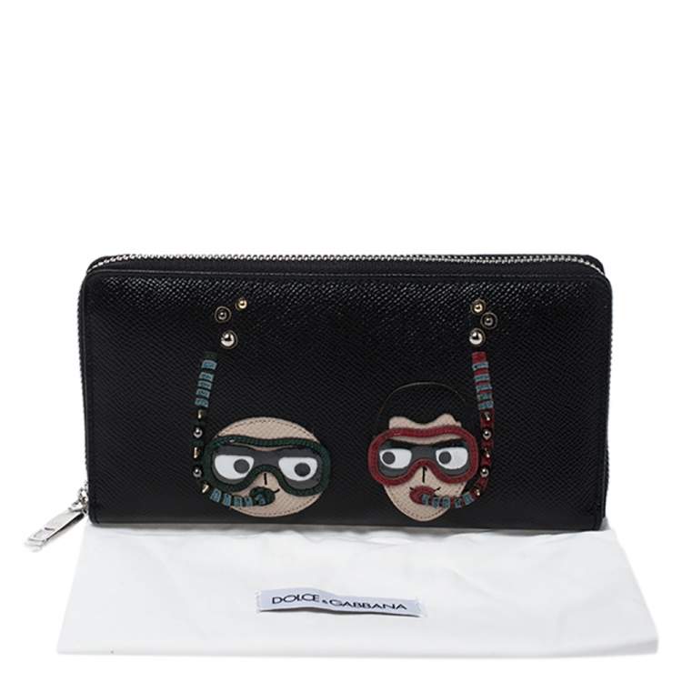 Pre Owned Dolce & Gabbana Black Leather DG Family Patch Zip Around Wallet