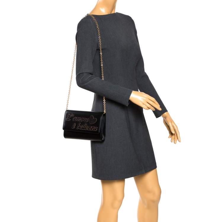 Pre Owned Dolce & Gabbana Black Leather L'amore è Bellezza Chain Clutch