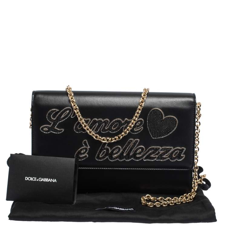 Pre Owned Dolce & Gabbana Black Leather L'amore è Bellezza Chain Clutch