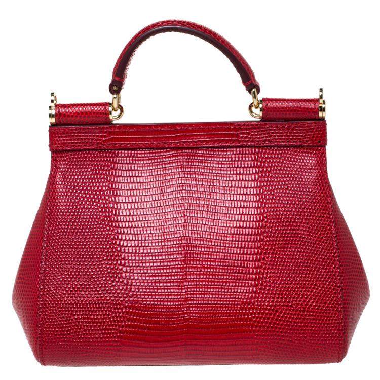 Pre Owned Dolce & Gabbana Red Iguana Embossed Leather Crystal DG Logo Mini Miss Sicily Bag