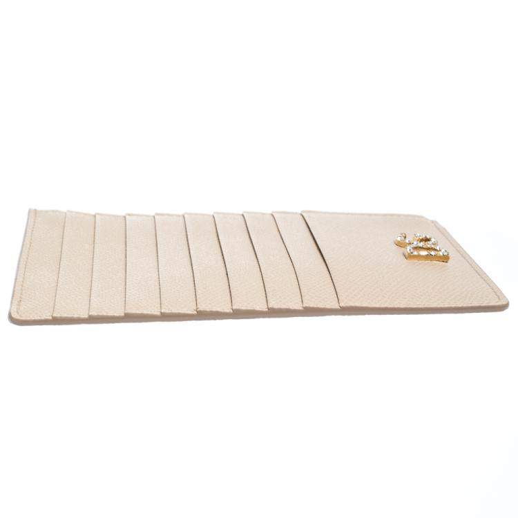 Pre Owned Dolce & Gabbana Beige Leather Crystal Embellished Logo Zipped Card Holder