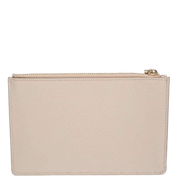 Pre Owned Dolce & Gabbana Beige Leather Crystal Embellished Logo Zipped Card Holder