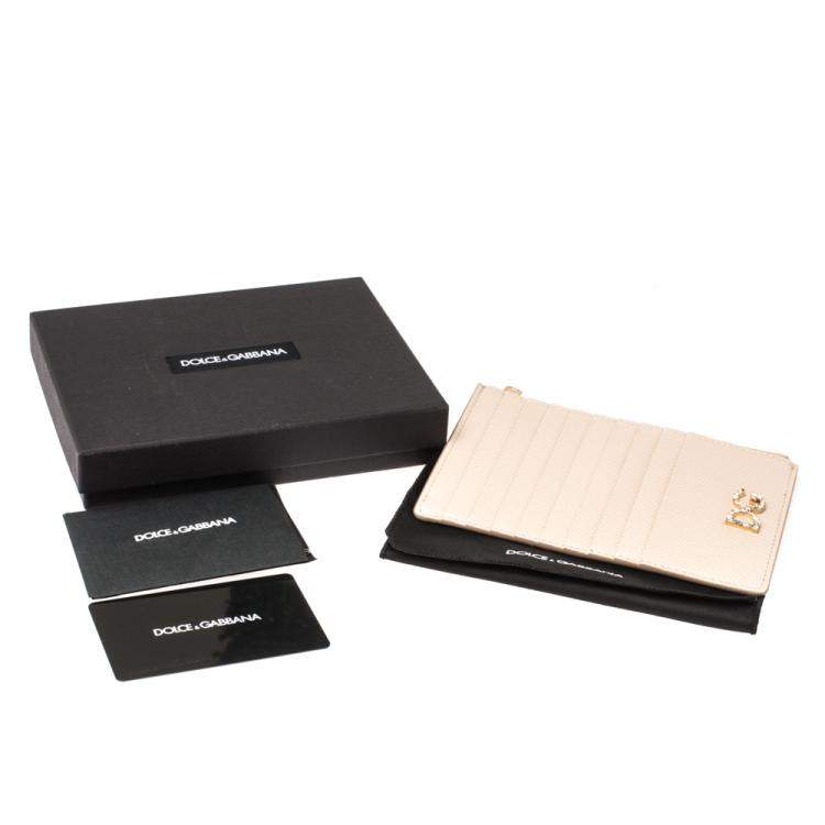 Pre Owned Dolce & Gabbana Beige Leather Crystal Embellished Logo Zipped Card Holder