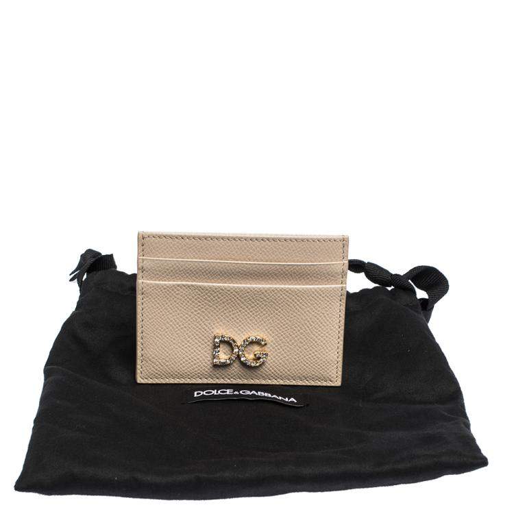 Pre Owned Dolce & Gabbana Beige Leather DG Crystal Logo Card Holder