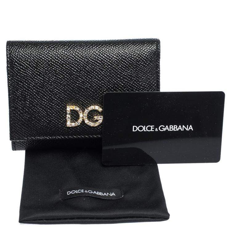 Pre Owned Dolce & Gabbana Black Leather DG Rhinestone Trifold Wallet