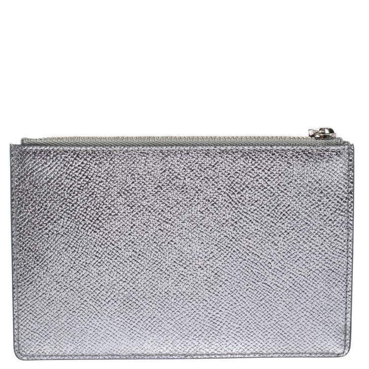 مملوكة مسبقًا Dolce & Gabbana Silver Leather Crystal Embellished Logo Zipped Card Holder