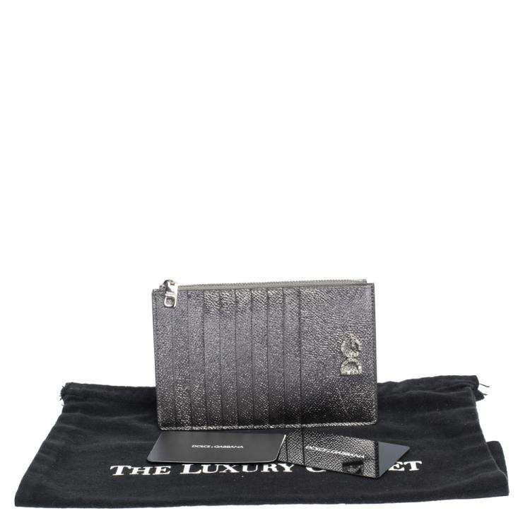 Pre Owned Dolce & Gabbana Silver Leather Crystal Embellished Logo Zipped Card Holder