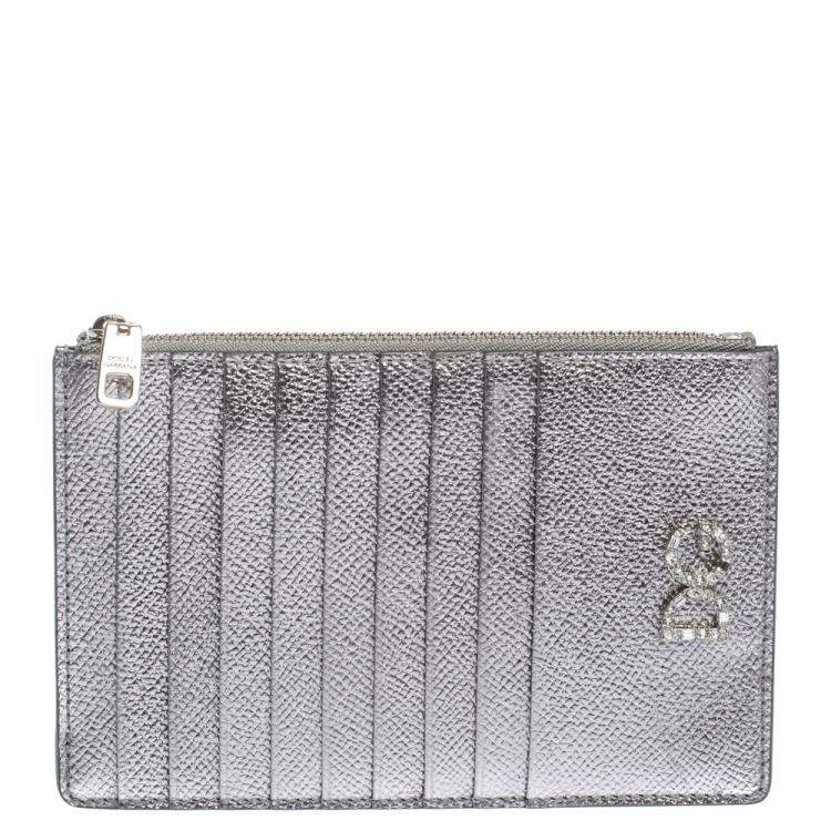 Pre Owned Dolce & Gabbana Silver Leather Crystal Embellished Logo Zipped Card Holder