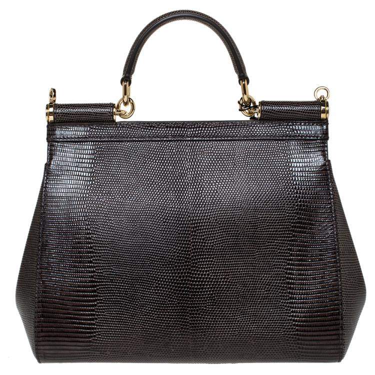 Pre Owned Dolce & Gabbana Brown Iguana Embossed Leather Crystal DG Logo Medium Miss Sicily Bag