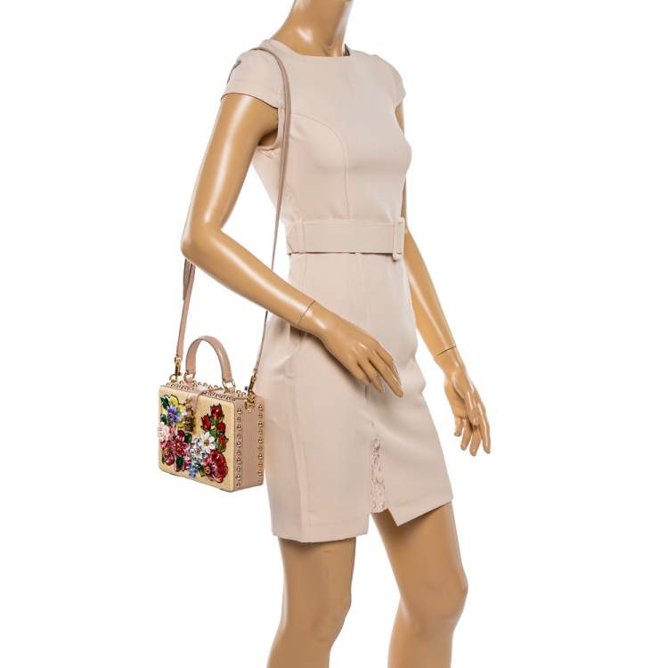 Pre Owned Dolce & Gabbana Beige Embroidered Raffia and Leather Crystal Embellished Box Top Handle Bag            