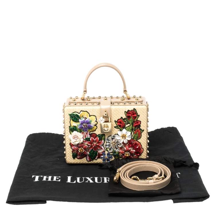 Pre Owned Dolce & Gabbana Beige Embroidered Raffia and Leather Crystal Embellished Box Top Handle Bag            