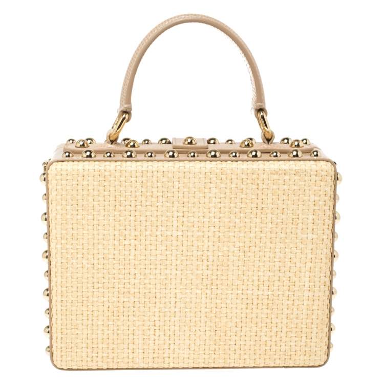 Pre Owned Dolce & Gabbana Beige Embroidered Raffia and Leather Crystal Embellished Box Top Handle Bag            