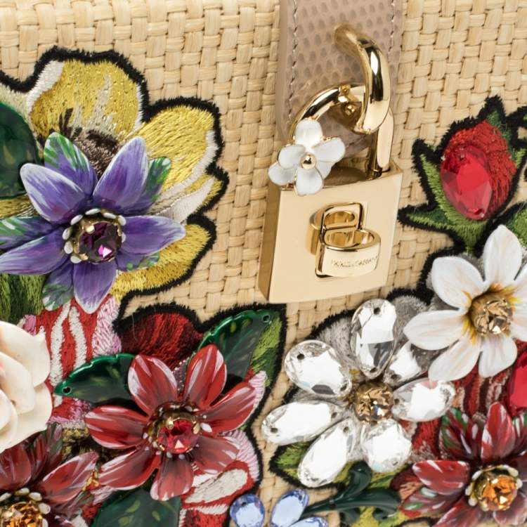 Pre Owned Dolce & Gabbana Beige Embroidered Raffia and Leather Crystal Embellished Box Top Handle Bag            