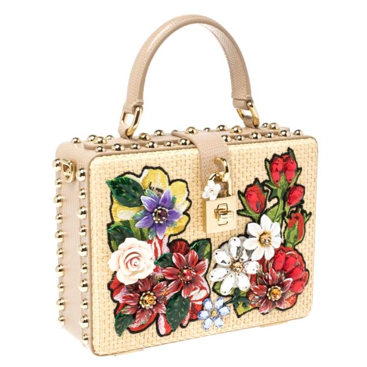 Pre Owned Dolce & Gabbana Beige Embroidered Raffia and Leather Crystal Embellished Box Top Handle Bag            