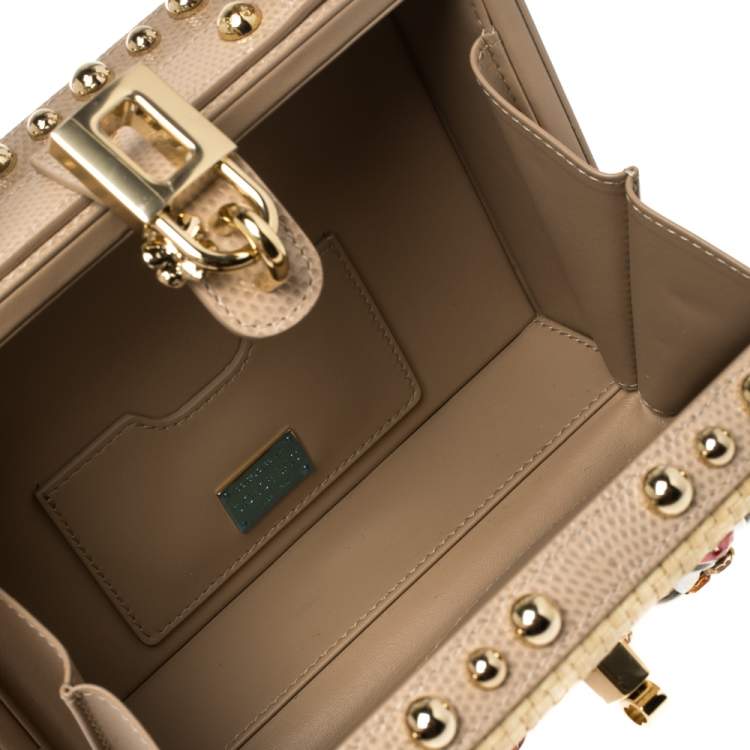 Pre Owned Dolce & Gabbana Beige Embroidered Raffia and Leather Crystal Embellished Box Top Handle Bag            