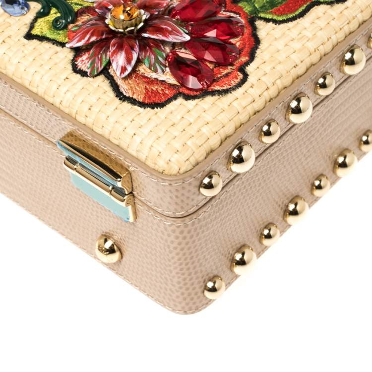 Pre Owned Dolce & Gabbana Beige Embroidered Raffia and Leather Crystal Embellished Box Top Handle Bag            