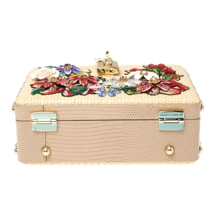 Pre Owned Dolce & Gabbana Beige Embroidered Raffia and Leather Crystal Embellished Box Top Handle Bag            