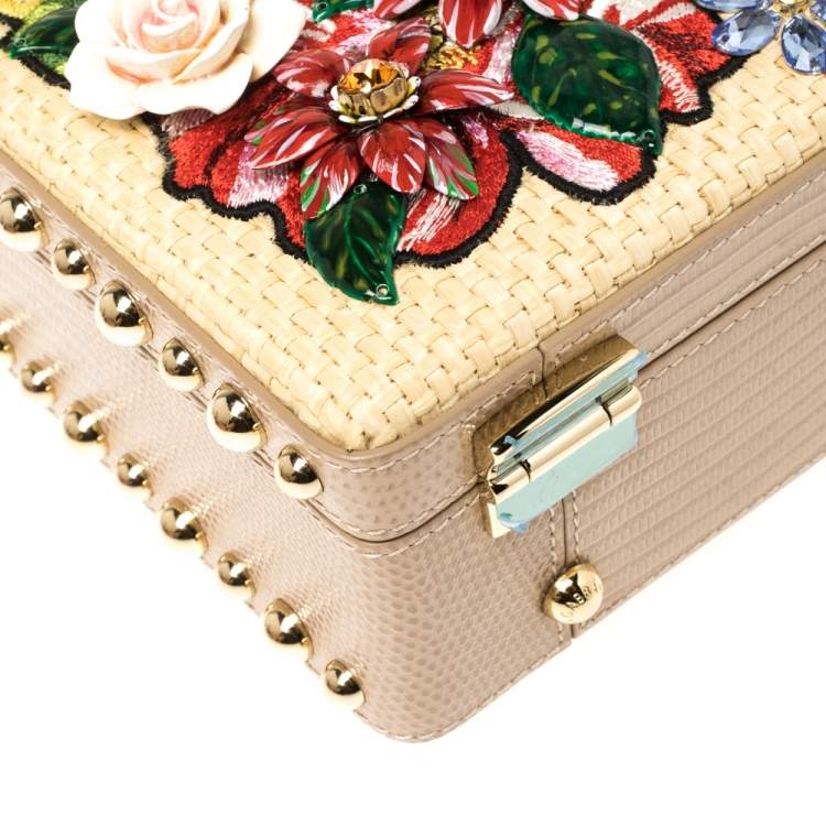 Pre Owned Dolce & Gabbana Beige Embroidered Raffia and Leather Crystal Embellished Box Top Handle Bag            