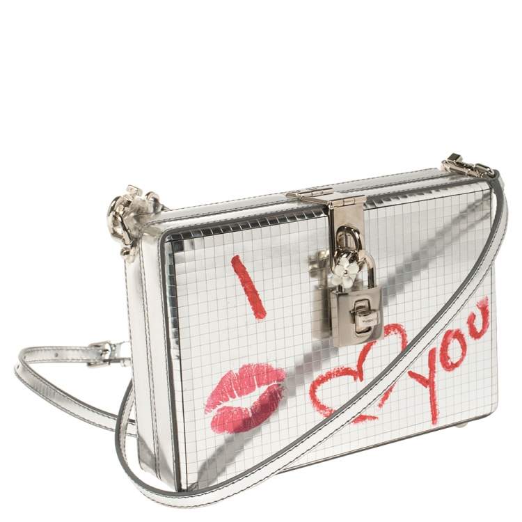 Pre Owned Dolce & Gabbana Metallic Silver Patent Leather I Love You Box Clutch