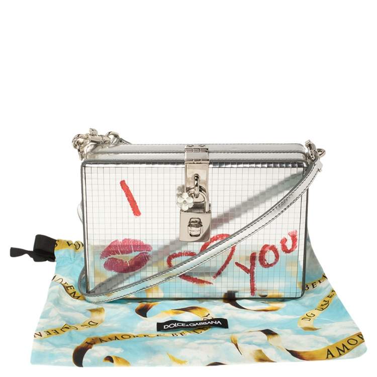 Pre Owned Dolce & Gabbana Metallic Silver Patent Leather I Love You Box Clutch