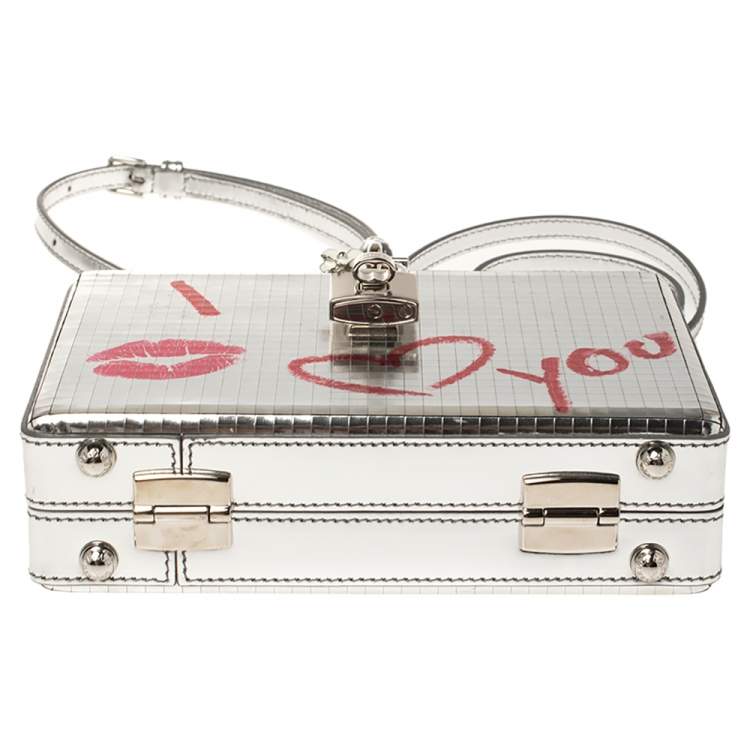Pre Owned Dolce & Gabbana Metallic Silver Patent Leather I Love You Box Clutch