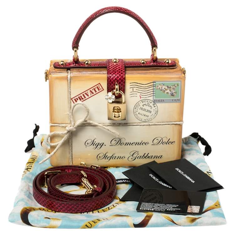Pre Owned Dolce & Gabbana Beige/Maroon Wood and Python Postage Box Dolce Box Bag