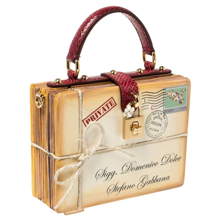 Pre Owned Dolce & Gabbana Beige/Maroon Wood and Python Postage Box Dolce Box Bag