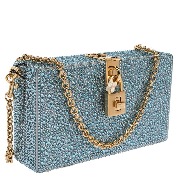 Pre Owned Dolce & Gabbana Azure Heat-Applied Rhinestones Dolce Box Chain Clutch